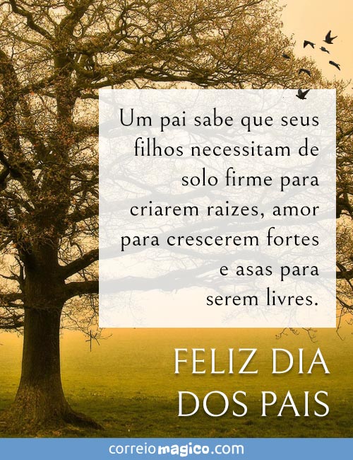 Um pai sabe que seus filhos necessitam de solo firme para criarem raizes, amor para crescerem fortes e asas para serem livres. 
Feliz Dia dos Pais